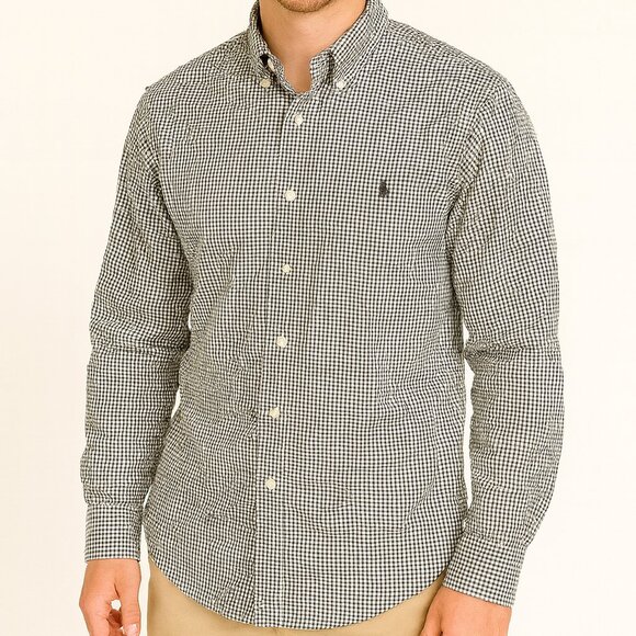 Ralph Lauren Classic Fit Button Down Mens 16 L Black Poplin Gingham Preppy-A055 - Picture 1 of 4
